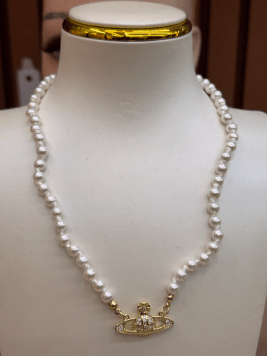 Gold Planet Pearl Necklace 